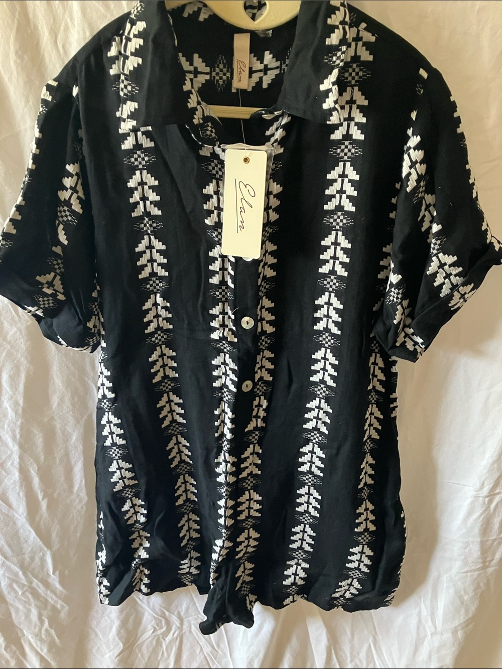 Elan: Black & White Geometric Short-Sleeve Romper Jumper- XS